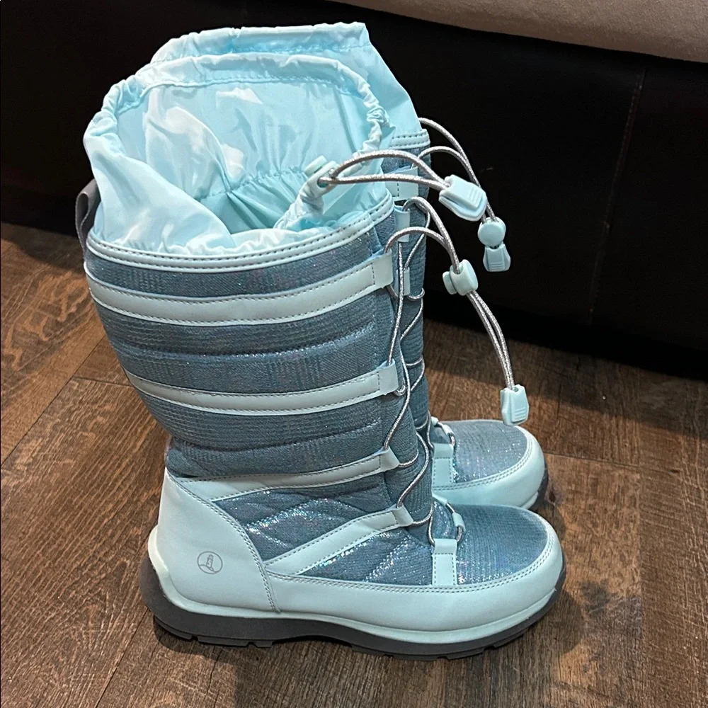 Lands End Kids Shoe Size 5 Teal Iridescent Snowflake Tall Insulated Winter Boots
